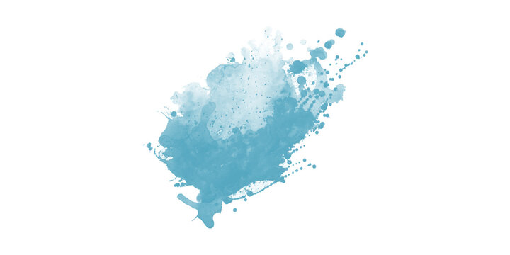 lue Watercolor Stain Splash with Splatter Isolated on White Background, Abstract Sky Blue Blot Texture for Design, Card, and Decorative Art Projects