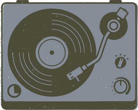 Vintage record player vector illustration, retro vinyl turntable with tonearm, analog music equipment in flat style