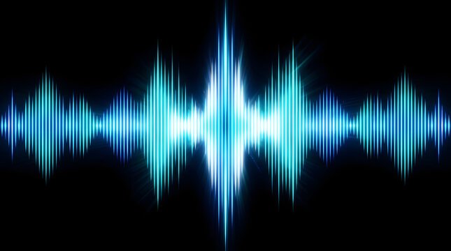 Soundwave Symphony: A vibrant, pulsing soundwave visualization in shades of blue and cyan creates a dynamic abstract pattern against a dark background, representing audio energy and digital signals.