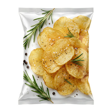 A shiny plastic bag filled with delicious salty potato chips seasoned with fresh green rosemary herbs and black pepper grains for a tasty snack food product design