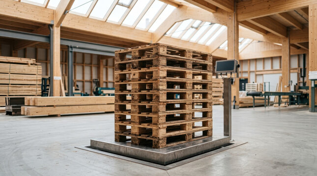 Pallet warehouse timber logistics network AI supports efficient cargo handling bright industrial warehouse with stacked wooden pallets and digital
