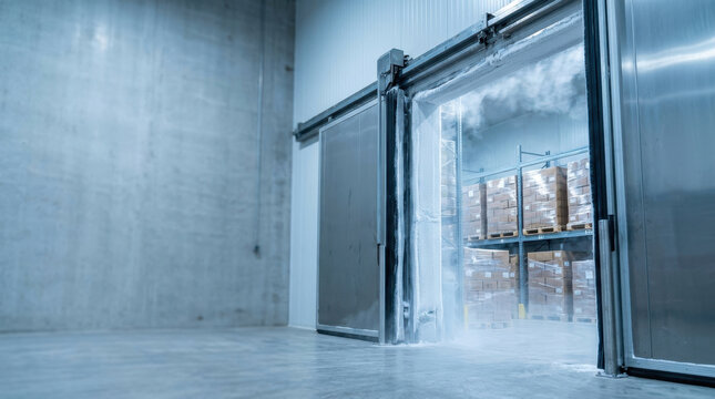 Cold storage warehouse with ai logistics network, open freezer door and stacked cardboard box on metal shelf
