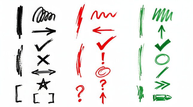Hand-Drawn Markings: A collection of hand-drawn symbols including checkmarks, crosses, arrows, exclamation marks, question marks, and brackets, rendered in black, red, and green.