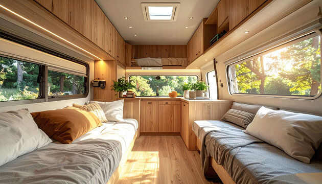 Cozy interior of a luxury camper van with warm wooden design, comfortable beds, and bright sunlight streaming through windows. An inviting nomadic lifestyle concept. No people.