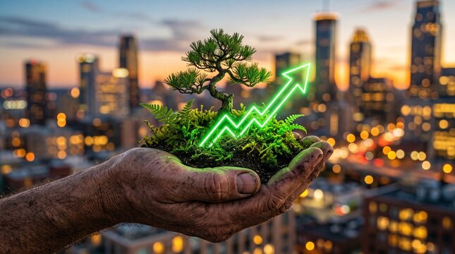 A hand holding a small tree and glowing green arrow symbolizing growth and sustainability against a city skyline.