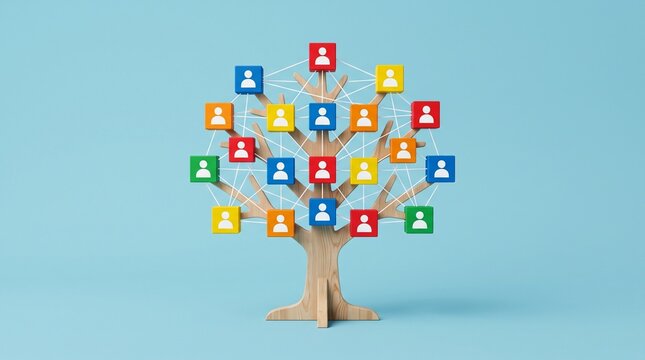 A wooden tree structure with colorful person icons connected by a network, symbolizing community and social connections.