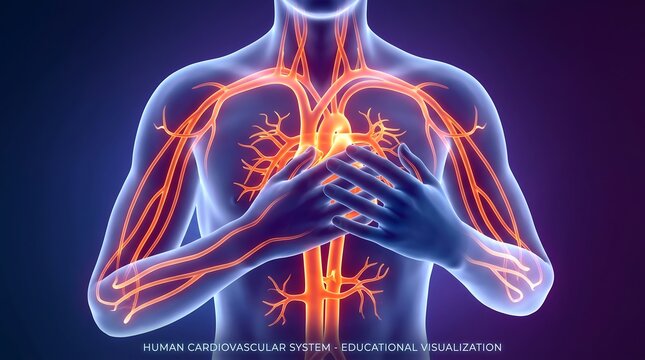 Human cardiovascular system educational visualization, glowing heart and circulatory network, medical anatomy illustration of blood vessels