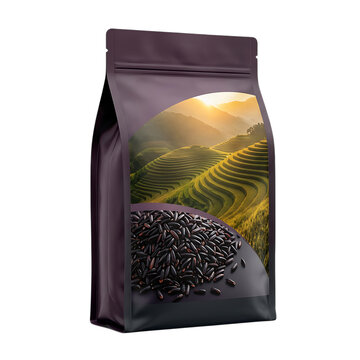 Black coffee bean bag packaging design with a scenic view of green nature hills and sunrise mountains in the background for premium coffee branding and marketing