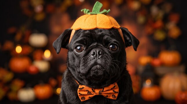 Black pug in pumpkin hat.