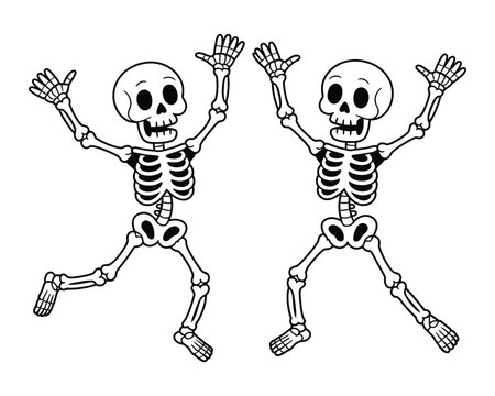 Pair of happy dancing skeletons line art for halloween party invitations and decor.