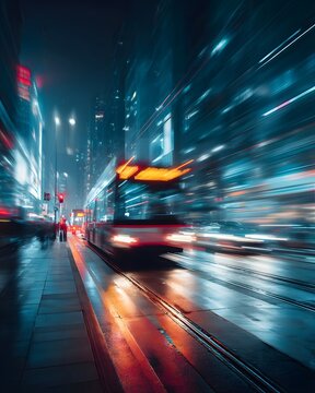 Dynamic urban night scene with a motion-blurred tram on tracks, illuminated by glowing neon city lights and wet street reflections.