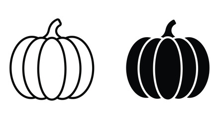 Simple outline and solid black silhouette icons of a pumpkin isolated on a white background © MDAJHARUL