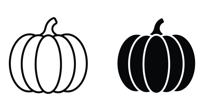 Simple outline and solid black silhouette icons of a pumpkin isolated on a white background