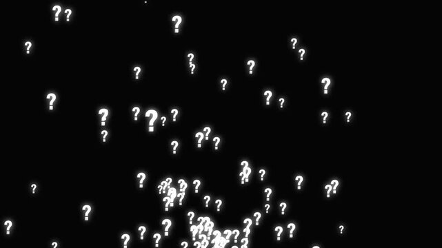 Mysterious question mark animation with futuristic scifi technology background, glowing white symbol revealing effect, moving particles, motion graphic design, mysterious 4k animation.