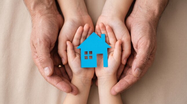 Adult and child hands gently cupping and protecting a small blue paper house, symbolizing home, family, and security.