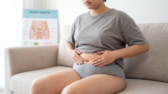 Abdominal pain and stomach bloating, woman holding her belly on sofa, digestive health problems and menstruation cramps