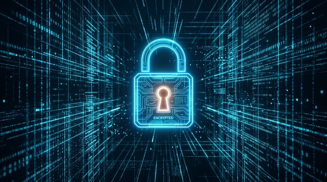 A glowing blue digital padlock icon with an orange keyhole, symbolizing cybersecurity and data protection in a futuristic technological environment.