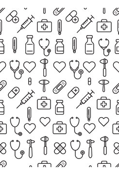 Seamless pattern of essential medical supplies and healthcare tools in a modern minimalist outline style creating a clean professional background for various health designs vector  illustration