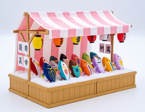 A miniature japanese fish market stall with a pink and white striped awning, colorful fish plushies, and hanging paper lanterns, 3D rendered scene