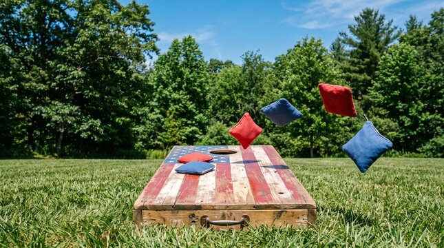 A rustic American flag cornhole board with red and blue beanbags in mid-air and on the grass, set on a sunny lawn with trees.