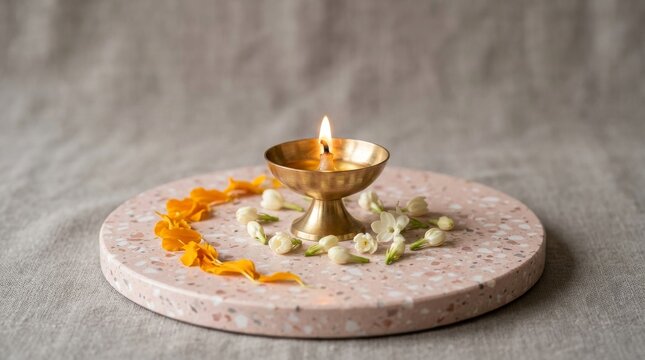 Traditional Diya Lamp with Marigold Flowers on Elegant Marble Background