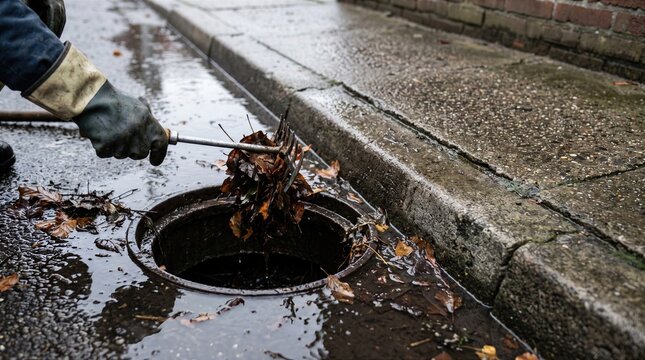 Worker clearing wet leaves from storm drain