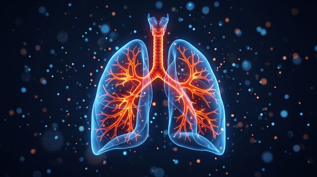 Digital illustration of human lungs with glowing bronchial tree and abstract particles.