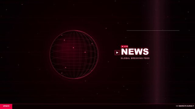 Futuristic global news broadcast opening animation with digital earth wireframe and live breaking
