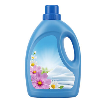 Blue plastic bottle of liquid laundry detergent with flower and fabric design on the label for washing clothes and cleaning household items in a home laundry room