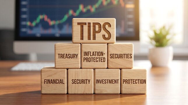 TIPS Treasury Inflation-Protected Securities wooden blocks, financial investment and security concept, stock market chart background