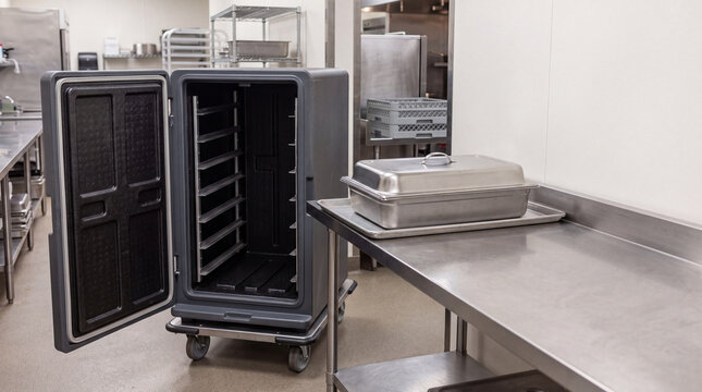 Insulated catering carrier open for loading on service trolley