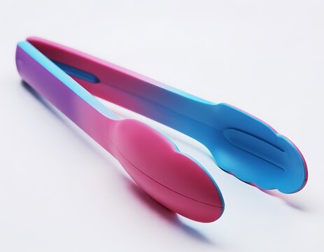 A pair of kitchen tongs with a vibrant pink and blue gradient finish, featuring a scalloped edge, isolated on a clean white background