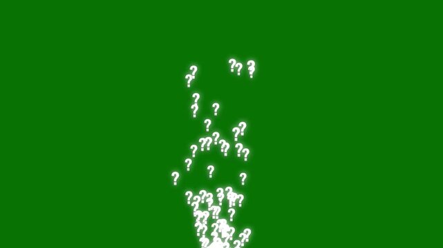 Animation of many white question marks falling and moving on green screen background, glowing confused effect, raining question symbols, motion graphic animation, chroma key, 4k video.