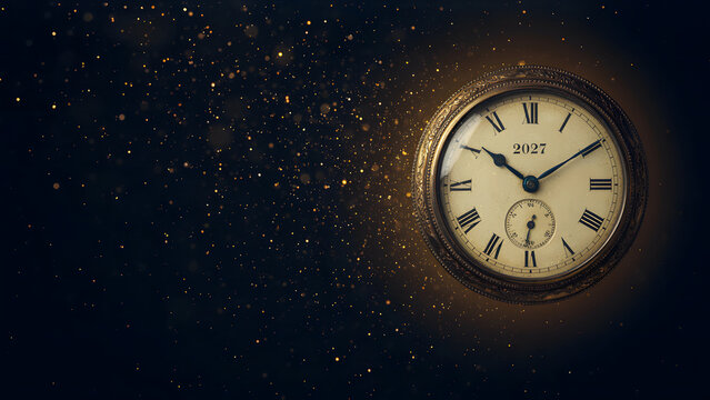 Decorative clock displaying the year 2027 with illuminated numbers and soft bokeh lights in the background, symbolizing New Year's celebration and countdown, created with generative ai