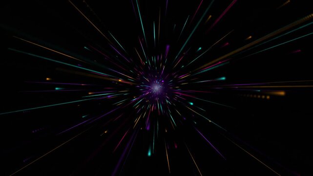 Vibrant abstract light streaks burst outwards from a central glowing nebula in a dark cosmic
