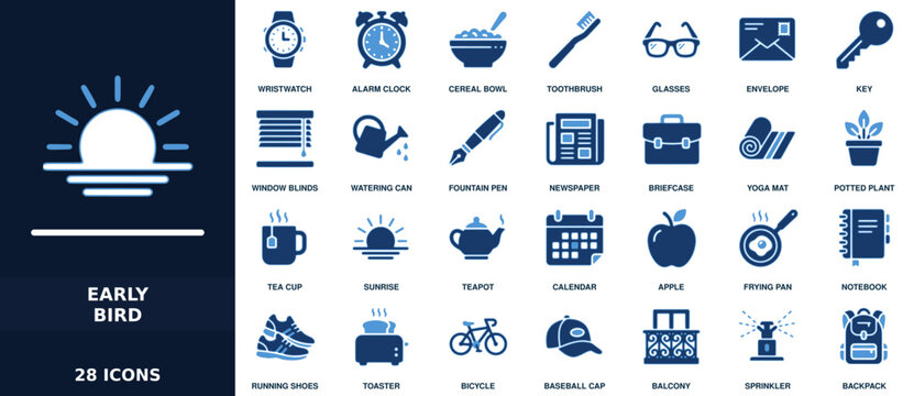Set of 28 early bird icons featuring morning routine and lifestyle symbols like alarm clock, sunrise, coffee, and breakfast items in blue vector