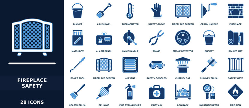Set of 28 fireplace safety icons in blue and white, featuring tools, protective equipment, and fire prevention symbols