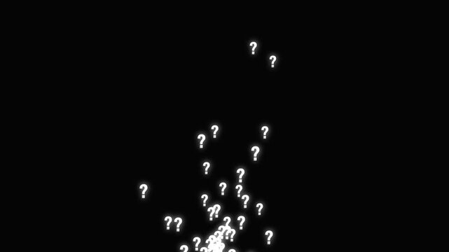White question marks raining and falling on black screen background, motion pattern animation, glowing question mark signs, confused effect, dynamic motion graphics, 4k video overlay.