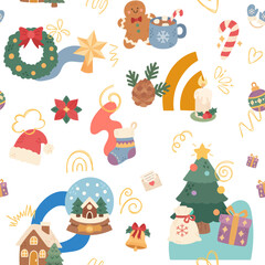 Naklejka premium Christmas seamless pattern set featuring wreath gingerbread mug tree gift character bell candle candy cane stocking poinsettia house sack star