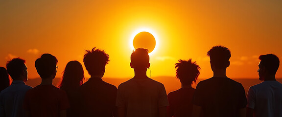 Fototapeta premium Many men and women viewing intense solar eclipse with sun halo during daytime gathering event.