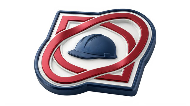 Labor Day Construction safety team logo emblem, 3D hard hat icon design, red blue white badge, corporate construction symbol, engineering business identity, shield graphic design png