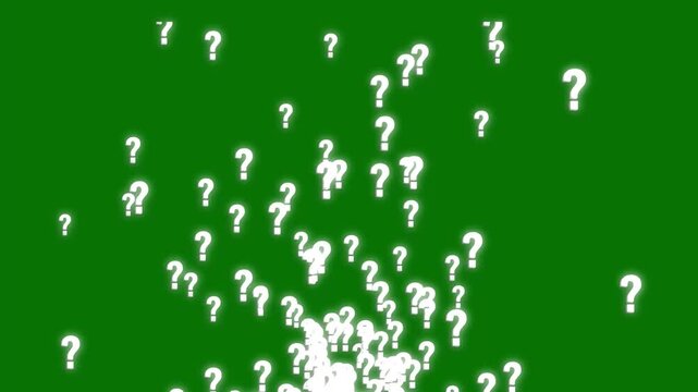 White question mark animation on green screen background, lots of glowing question marks moving and falling, confused effect, motion graphics overlay, chroma key background, 4k.