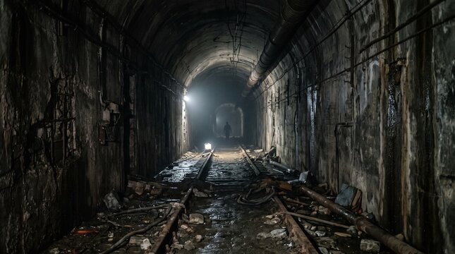 Dark and eerie abandoned underground subway tunnel with rusty railway tracks and distant light