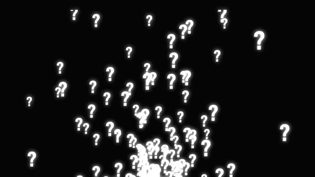 Animation of many glowing white question marks falling on black screen, dynamic motion pattern effect, mysterious symbol design, confused concept, motion graphics, 4k background.
