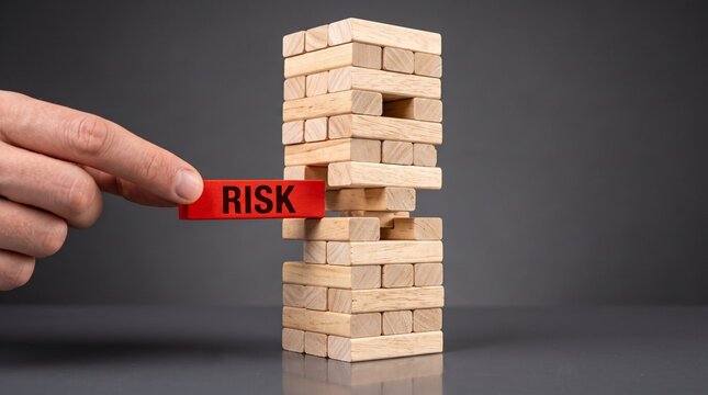 A hand carefully pulls a red 'RISK' block from an unstable wooden Jenga tower, symbolizing business challenges and strategic decisions.