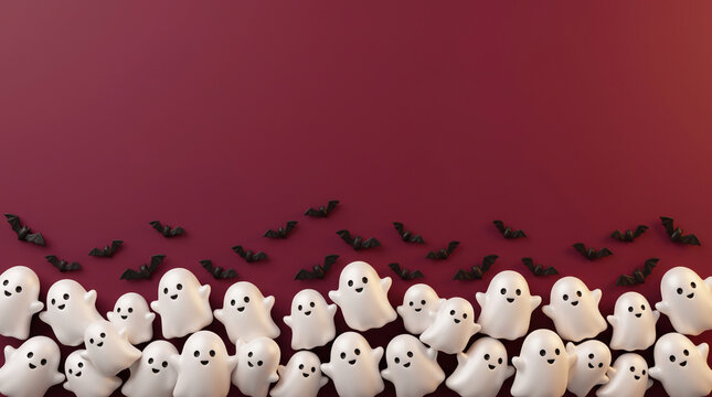 Halloween ghosts and bats on a red background spooky festive decoration