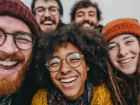 Group of diverse friends smiling and laughing together outdoors  