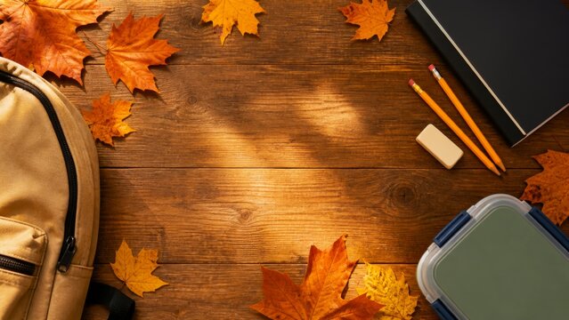 Autumn school supplies flat lay with backpacks, notebook and copy space