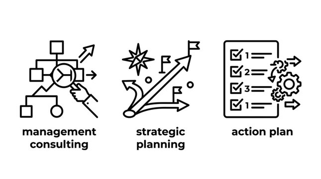 Business management consulting strategic planning and action plan line icon set for corporate workflow and organization
