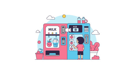 Fototapeta premium Cute Boy Using Milk and Fruit Juice Vending Machine Cartoon Illustration